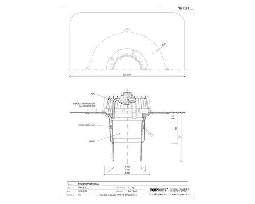 Technický výkres střešního vtoku z polyamidu s rozměry