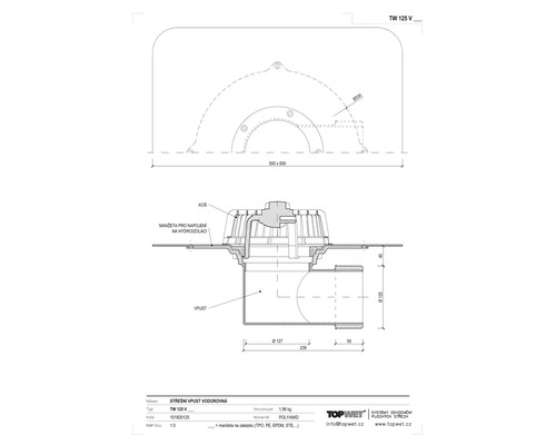 Technický nákres střešního odtoku z polyamidu s rozměry