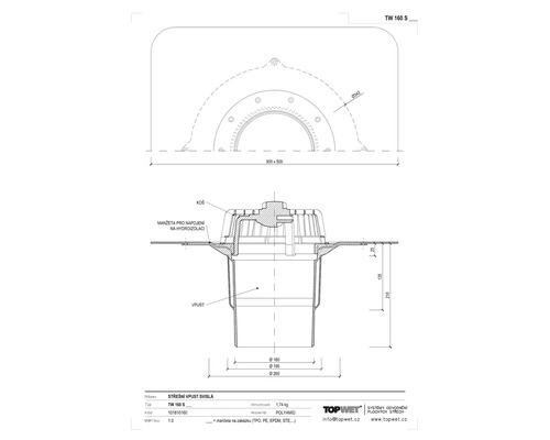 Technický nákres střešního vpusti TW 160 S z polyamidu