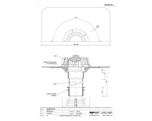 Technický nákres rekonstrukčního odtoku TW SAN 100 z polyamidu s rozměry