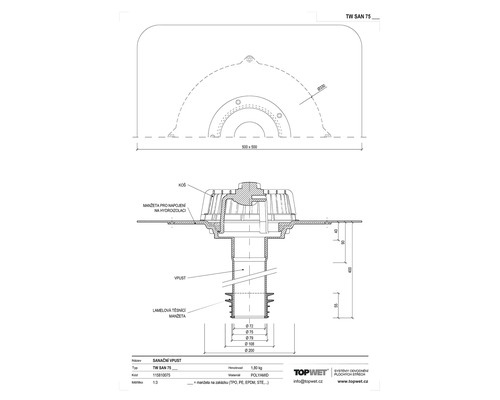 Technický nákres odvodňovacího systému z polyamidu s rozměry