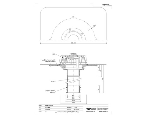 Technický výkres polyamidové podlahové vpusti s rozměry