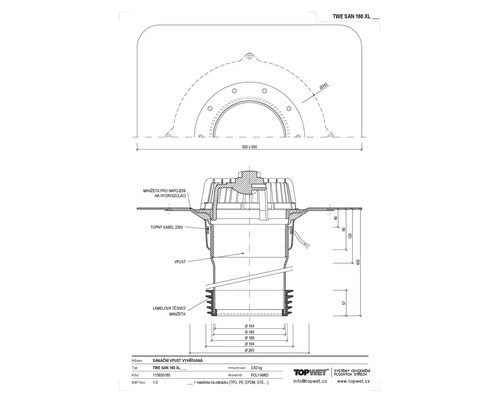 Technický nákres odvodňovacího systému s rozměry a detaily