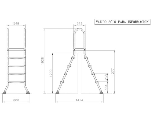Technický nákres bazénového žebříku s rozměry