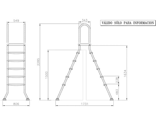 Technický nákres bazénového žebříku s rozměry.