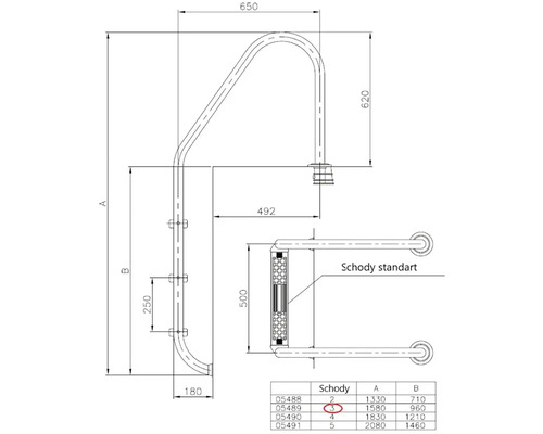 Technický nákres bazénového žebříku s rozměry