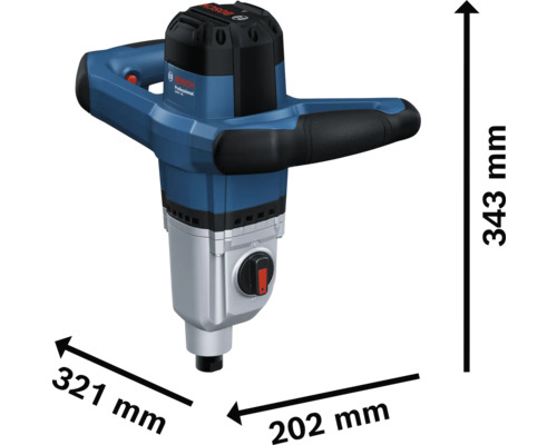 Míchačka metly Bosch Professional s rozměry 343 mm výška, 321 mm šířka a 202 mm hloubka.