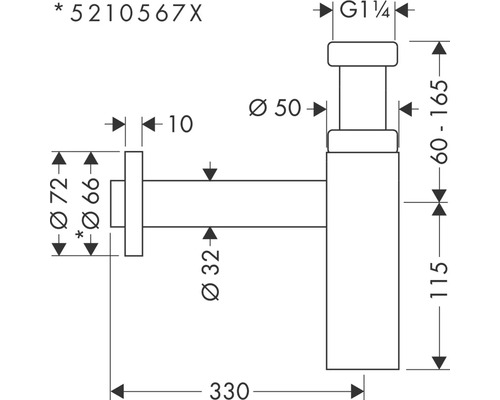 Technický nákres sifonu s rozměry