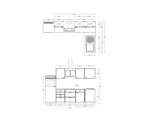 Nákres návrhu kuchyně s rozměry.