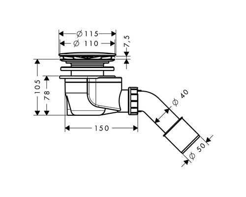 Technický výkres odtokové armatury s rozměry