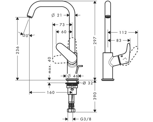 Technický nákres vodovodní baterie s rozměry