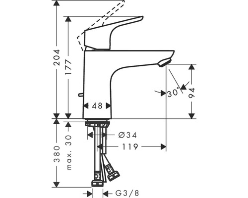Technický nákres armatury s rozměry.