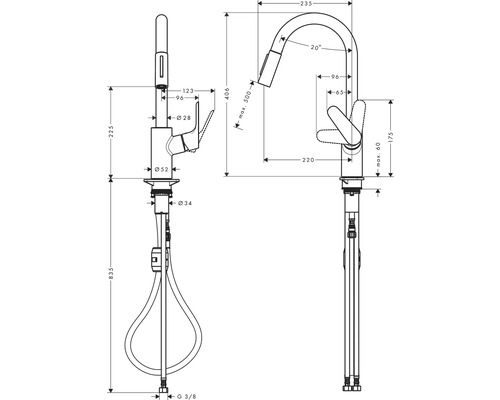 Technický výkres kuchyňské baterie s rozměry