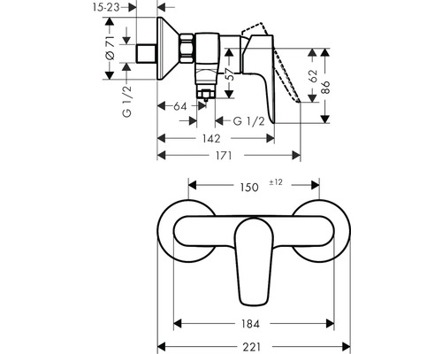 Technický výkres armatury s rozměry