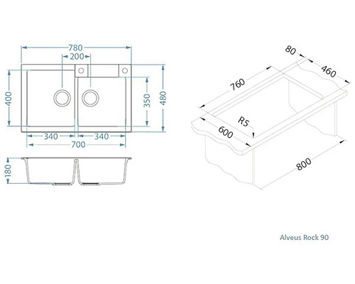 Technický nákres dřezu Alveus Rock 90 s rozměry