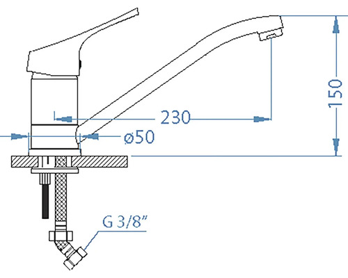 Technický nákres kuchyňské baterie s rozměry