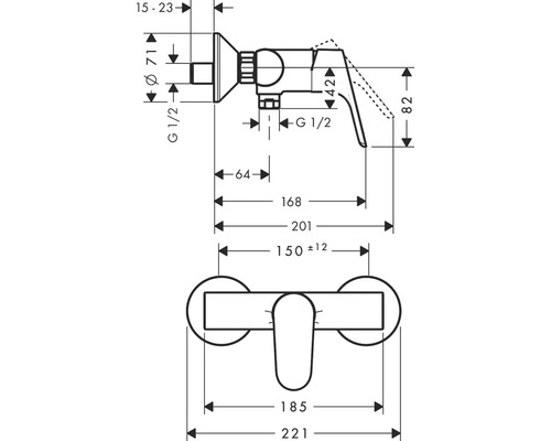 Rozměrový nákres armatury s příslušnými rozměry