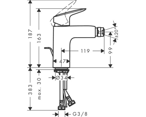 Rozměrový nákres armatury s údaji o výšce a šířce