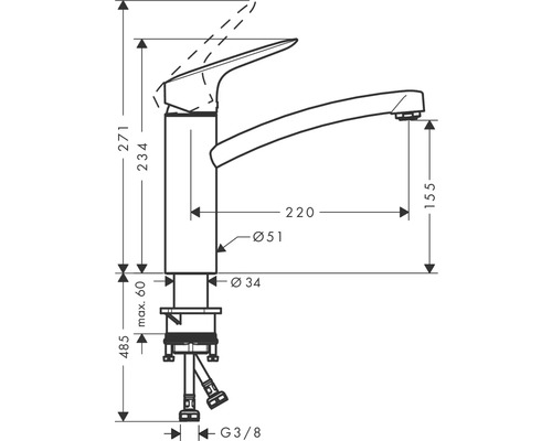 Technický nákres kuchyňské baterie s rozměry