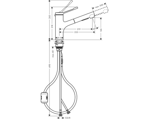 Nákres kuchyňské baterie s rozměry