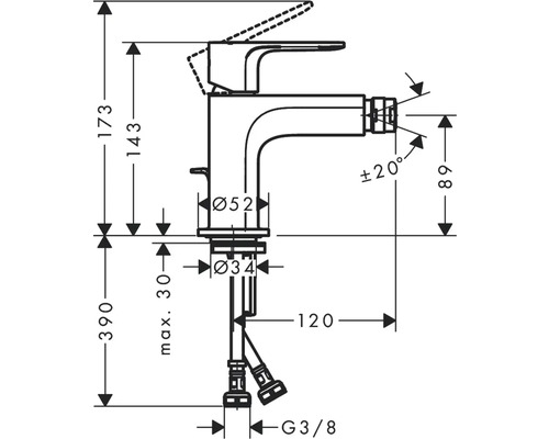 Technický výkres umyvadlové baterie s rozměry