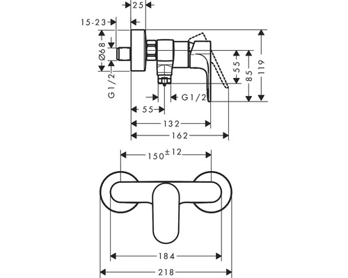 Technický výkres armatury s rozměry