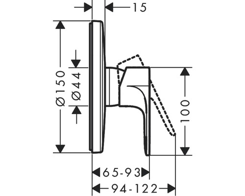 Technický nákres vodovodní baterie s rozměry