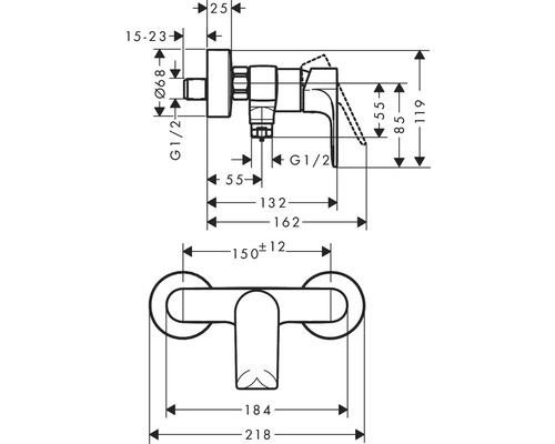 Technický nákres vodovodní baterie s rozměry