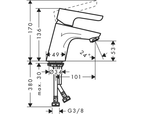 Technický výkres vodovodní baterie s rozměry