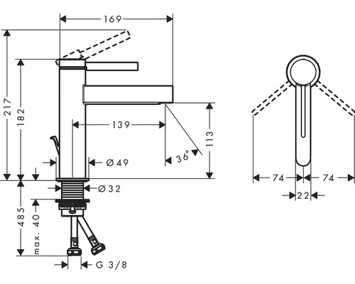 Technický výkres umyvadlové baterie s rozměry