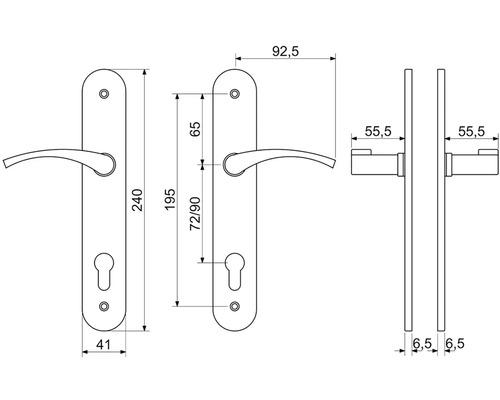 Technický výkres kliky dveří s rozměry