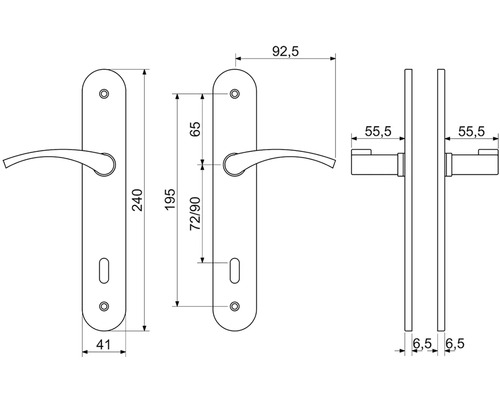 Technický nákres kliky ke dveřím s dlouhým štítkem a rozměry
