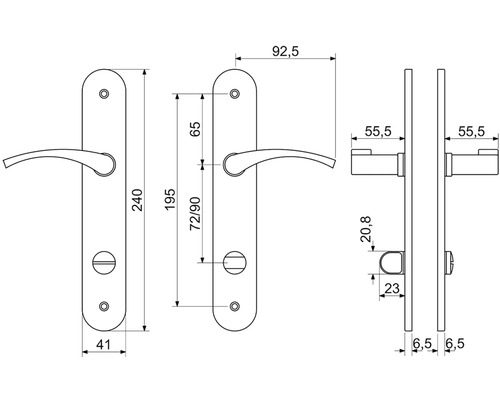 Technický výkres kliky dveří s rozměry