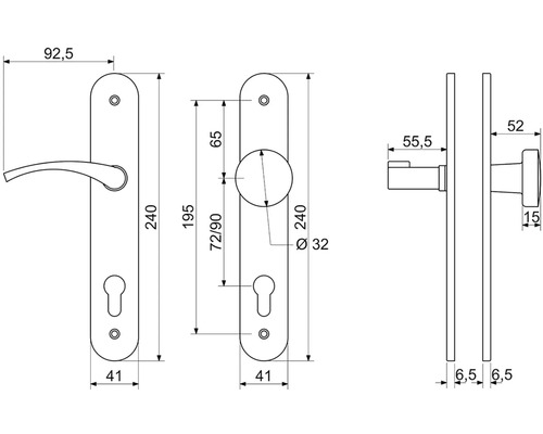 Technický nákres dveřního kování s rozměry