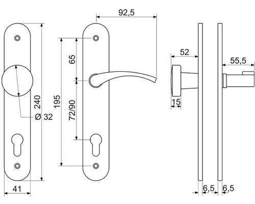 Technický nákres kliky ke dveřím s rozměry