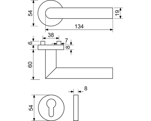 Technický nákres kliky dveří s rozměry