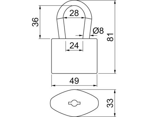 Technický výkres visacího zámku s rozměry