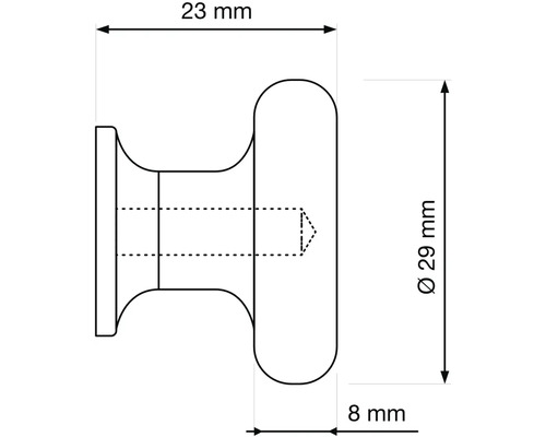 Technický nákres nábytkového knoflíku o rozměrech 23 mm šířka a 29 mm výška