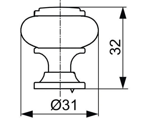 Technický výkres nábytkového knoflíku o rozměrech průměr 31 milimetrů a výška 32 milimetrů