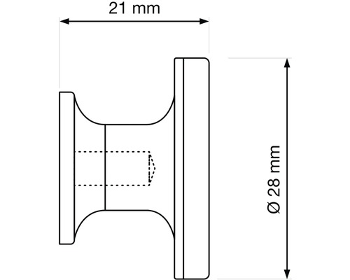 Technický výkres nábytkového knoflíku o rozměrech 21 mm šířka a 28 mm průměr