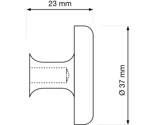 Technický výkres nábytkového knoflíku s rozměry: šířka 23 mm a průměr 37 mm