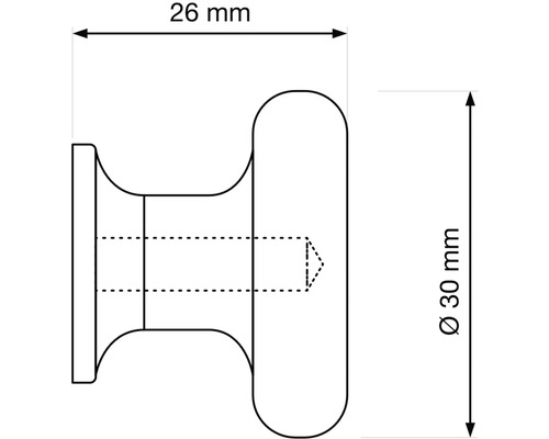 Technický nákres nábytkového knoflíku o rozměrech 26 mm šířka a 30 mm průměr.