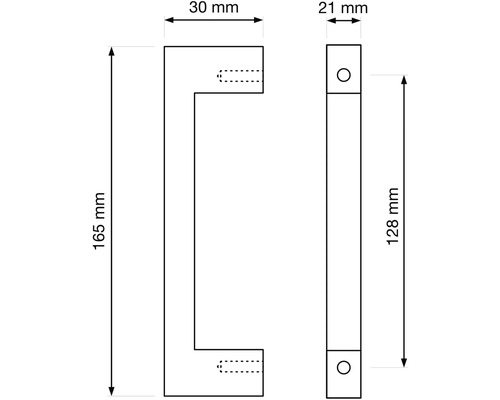 Technický výkres nábytkové úchytky s rozměry.