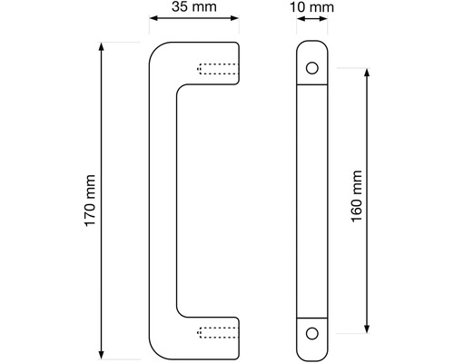 Technický výkres nábytkové úchytky s rozměry.