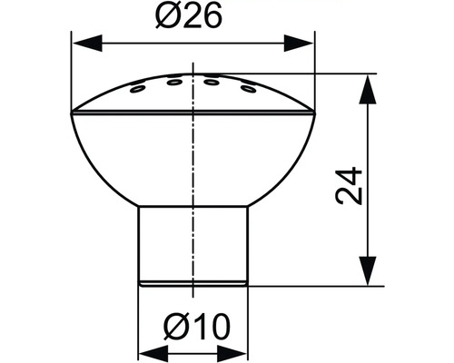 Technický výkres nábytkového knoflíku s rozměry: průměr nahoře 26 milimetrů, průměr dole 10 milimetrů, výška 24 milimetrů