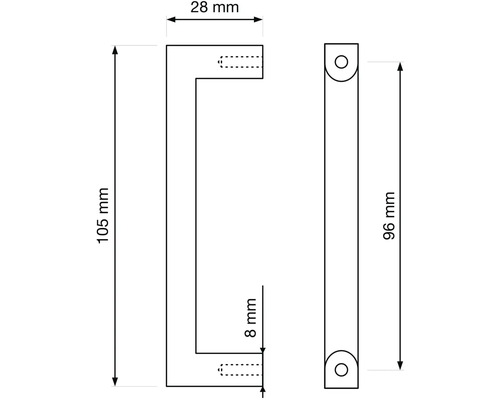Technický nákres nábytkové rukojeti s rozměry