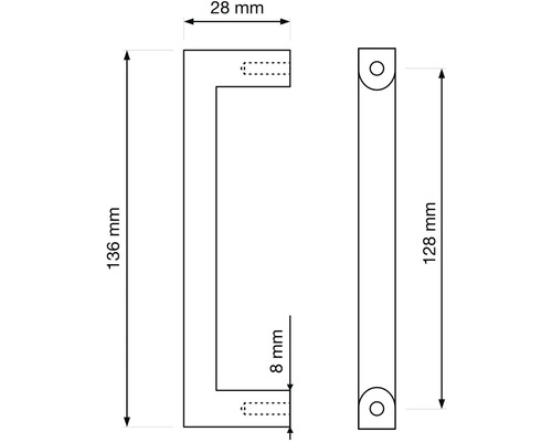 Technický výkres nábytkové úchytky s rozměry.