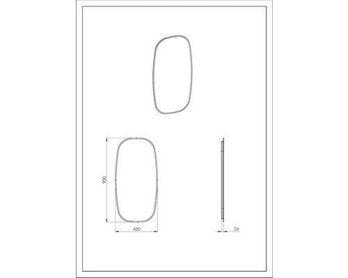 Technický nákres zrcadla o rozměrech 900 x 450 x 24 mm.