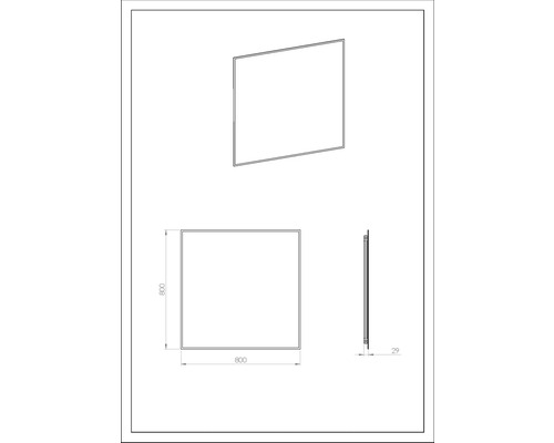 Technický nákres zrcadla, čtvercový, 800 x 800 mm