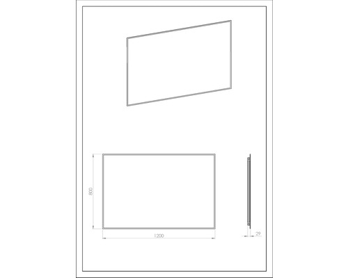 Technický výkres koupelnového zrcadla o rozměrech 1200 x 800 x 29 mm